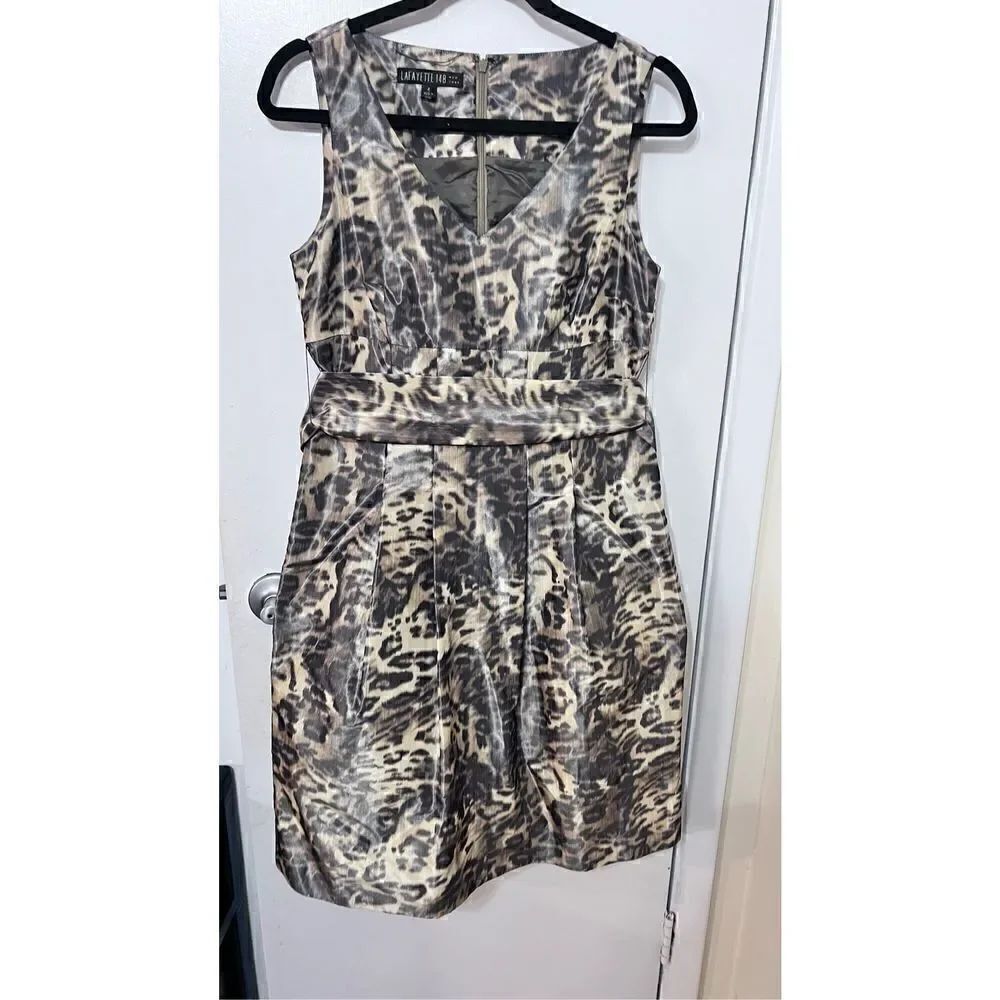 Lafayette 148 NEW YORK  V Neck Leopard PRINT Belted Dress SZ 4